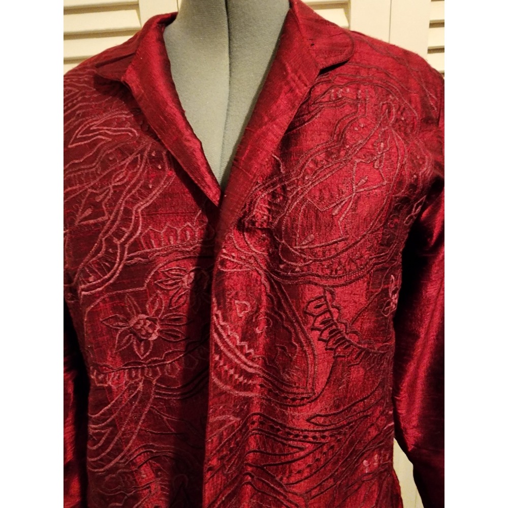 Anu 100% Pure Silk Embossed Jacket Burgundy Blazer Women's Size L - Picture 2 of 10